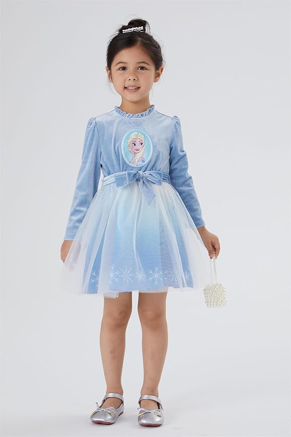 Disney Frozen Elsa Princess Cinderella Ariel Jasmine Rapunzel Baby/Toddler Dress, Ruffle Long-Sleeve Mesh Overlay Tulle Dress