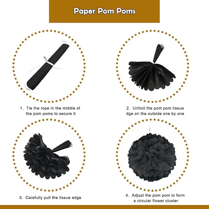 Myafqsj Black and Gold Party Decorations 20Pcs Black and Gold Birthday Decorations Whit Pom Poms Hanging Paper Fans, Hanging Swirls, Pennant, Garland String for Birthday Wedding Party Decorations
