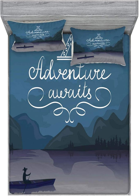 Ambesonne Saying Fitted Sheet & Pillow Sham Set, Kayak in a Mountain Lake at Night Camping Activity Lifestyle Adventure Words, Decorative Printed 3 Piece Bedding Decor Set, Calking, Purple Grey Teal