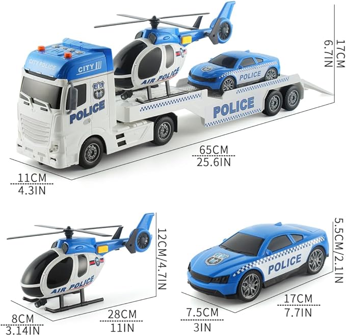 25" Police Toys Vehicle Truck Push & Go Rescue Playset 3 in 1 Includes Mini Police Car and Helicopter Toy in Semi Carrier Truck Gift for Toddlers Boys Age 3+(Police Trailer)