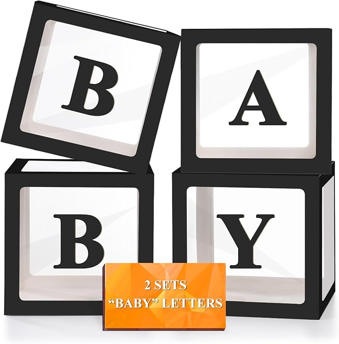 Ledido Baby Boxes with Letters for Baby Shower Decorations, 4 pcs Clear Baby Balloon Boxes Blocks for Baby Shower Decor with Letters for Boy Girl Gender Reveal Decorations Backdrop Party (Black)