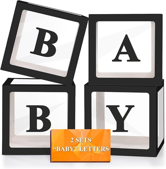 Ledido Baby Boxes with Letters for Baby Shower Decorations, 4 pcs Clear Baby Balloon Boxes Blocks for Baby Shower Decor with Letters for Boy Girl Gender Reveal Decorations Backdrop Party (Black)