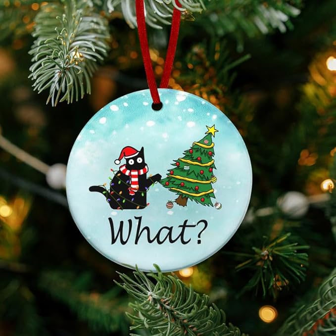 OASSIE Christmas Funny Black Cat Gifts for Women Men - Ceramic Christmas Ornaments 2025 for Tree Decorations - Cat Lover Gifts for Women Animal Lovers, Funny Ornaments, White Elephant Gift Ideas