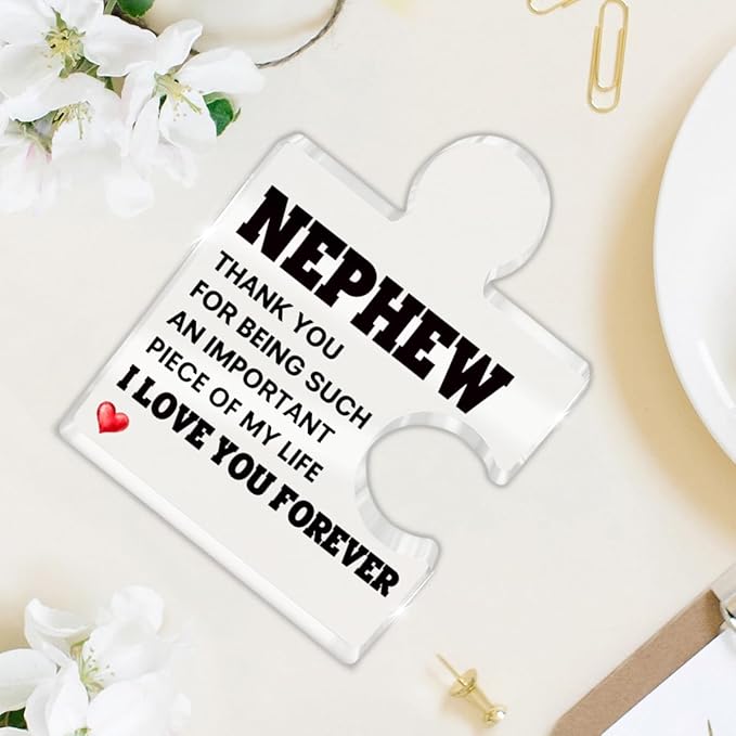 Nephew Gifts from Auntie Uncle, Heartwarming Nephew Gifts from Aunt Birthday Graduation Christmas Gift for Men Boys Acrylic Puzzle Piece Plaque Keepsake Desk Decorations for Home Decor