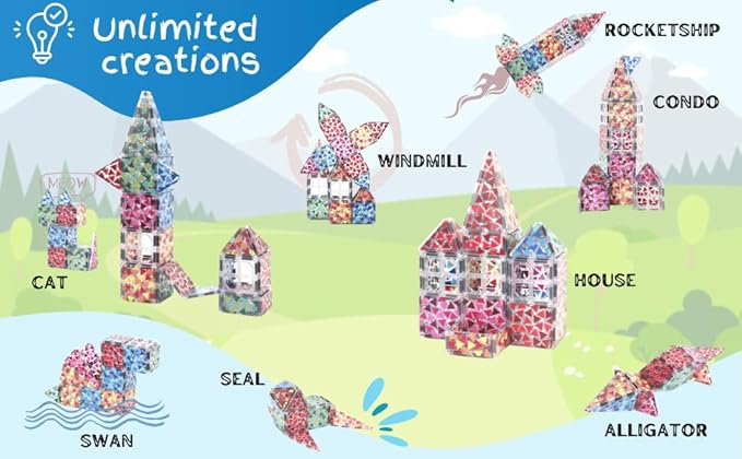 Magnetic Tiles Set - 52 PCS Double-Sided Color Tiles for Kids | Unique Geometric Design for More Creative Builds | STEM Toy for Ages 3 4 5 6 7 8 9+ Birthday Gift Boys & Girls