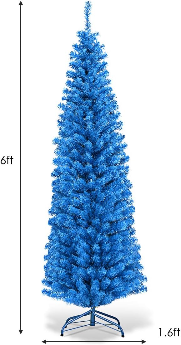 HAPPYGRILL 6 Feet Blue Pencil Christmas Tree Artificial Slim Christmas Tree Skinny Xmas Tree with Metal Stand, Realistic Unlit Pine Tree with 520 Branch Tips for Indoor Outdoor