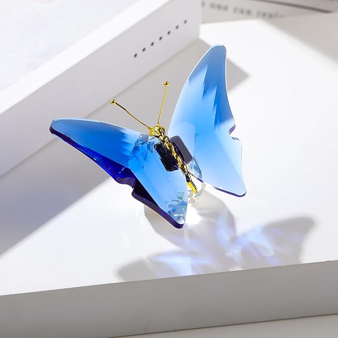 Movdyka Crystal Butterfly for Mom Women Metal Butterfly Room Decor Collection Figurine Blue Glass Butterfly Craft Desk Office Decorations Table Centerpieces