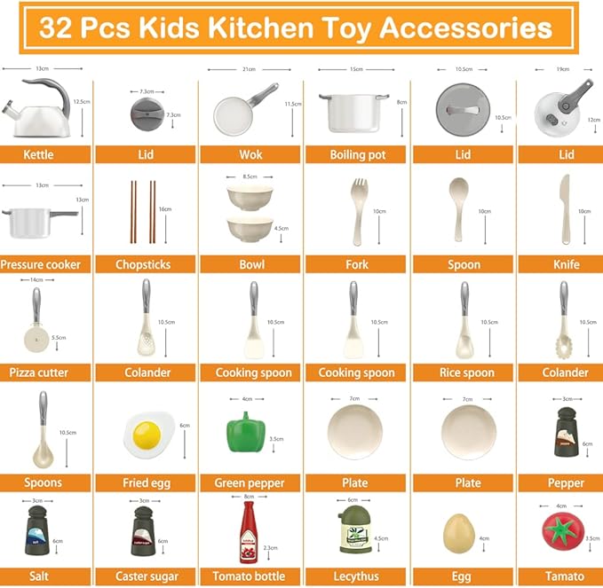 Bruvoalon 32Pcs Kids Play Kitchen Toys Set, Toddlers Pretend Cooking Playset Acccessories with Pots Pans, Utensils Cookware, Foods, Canned Veges, Learning Gift for Kids Girls Boys (White)