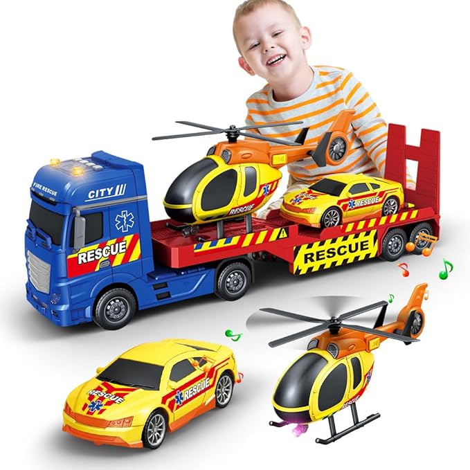 25" Rescue Tow Truck with Racing Car and Helicopter for Toddlers Lights & Sounds Birthday Gift for 3-6 Years Boys and Girls