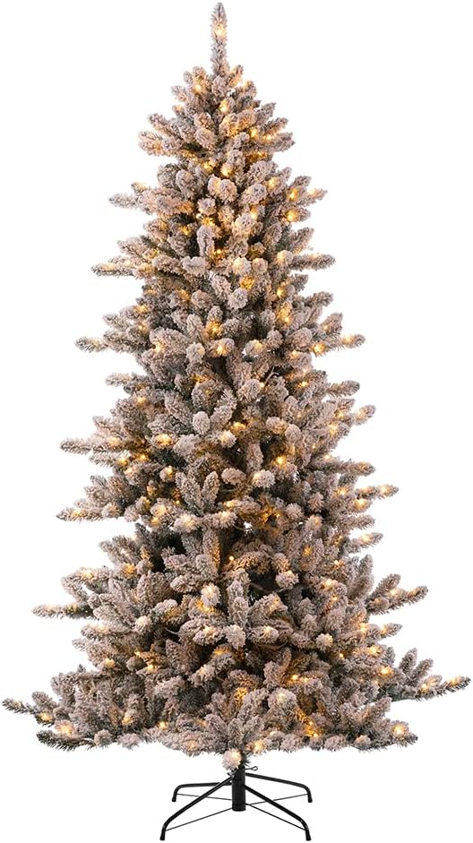 Glitzhome 7.5ft Pre-Lit Snow Flocked Fir Christmas Tree, Artificial Holiday Xmas Tree with 400 Warm White Lights and Metal Foldable Stand for Home, Office, Party Decoration