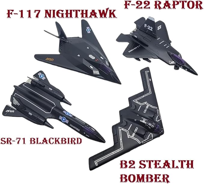 Playmaker Toys - Die-Cast Metal United States Air Force Stealth Aircraft Set, 4.5 Inch, 4-Pack with Pullback Action, B2 Bomber, SR-71 Blackbird, F-117 Nighthawk, F/A-22 Raptor