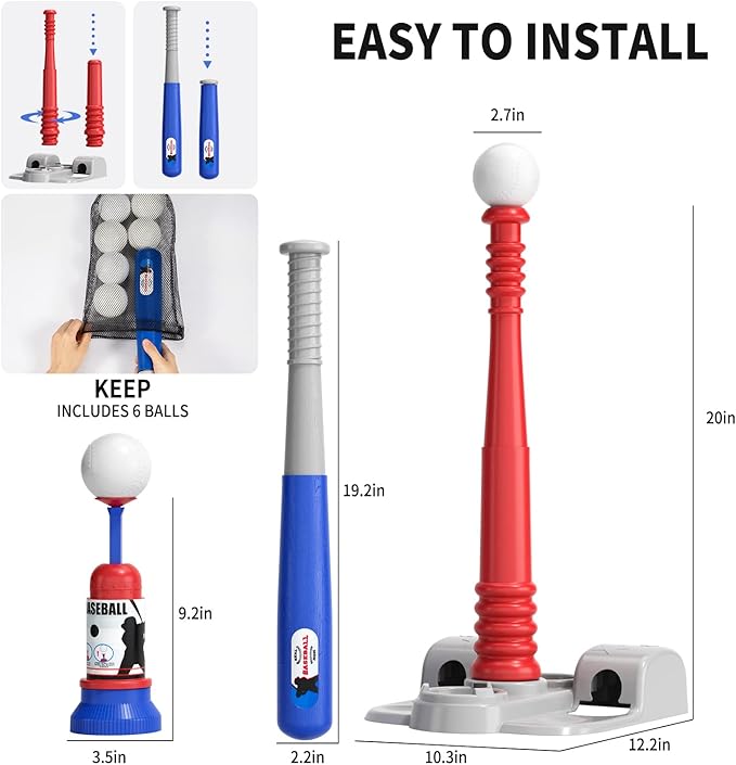 TEMI Baseball Tee, T Ball Set for Toddlers, Includes 6 Balls, Teeball Batting Tee,Pitching Machine, Outdoor Sport Toy Games for Boys & Girls, Kids Ages 3-12 Years