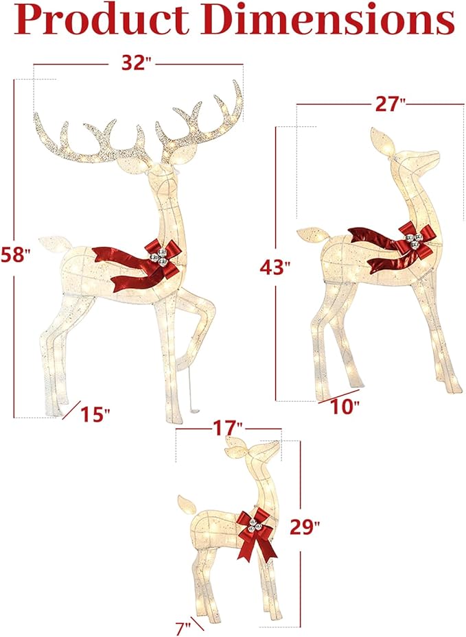 3-Piece 3D Christmas Deer Family Set, Lighted Christmas Decoration with 225 LED Lights, Christmas Decor Reindeer for Indoor Outdoor Yard Porch, White