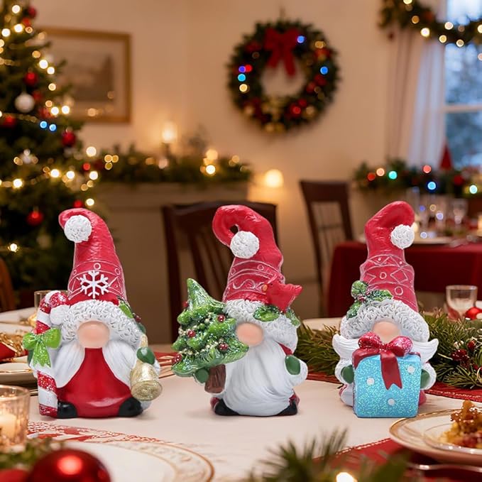 Hodao Christmas Gnome Decorations Set of 3 - Hand-Painted Resin Santa Gnomes with Candy Cane, Christmas Tree & Gift Box, Holiday Home Decor for Tiered Tray, Mantel, Tabletop, Windowsill