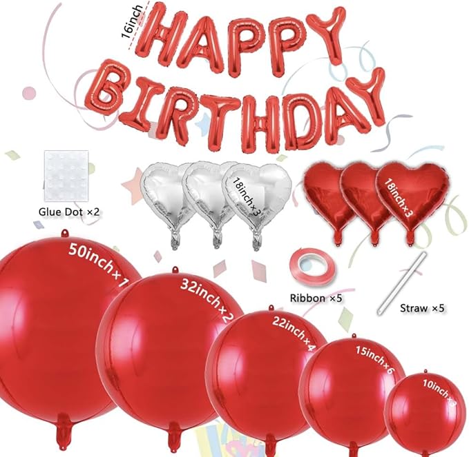 Red Birthday Decorations with 16pcs Large 4D Foil Balloons in Different Size (10-50 Inch) + 6pcs 18" Heart Balloons + 16” Happy Birthday Banner for Indoor Outdoor Party Decorations (Red)