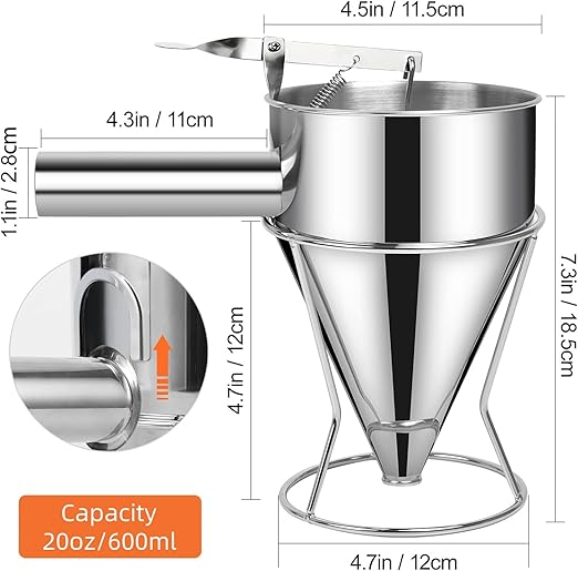20 OZ Multi-Functional Pancake Batter Dispenser, Multi-Caliber Stainless Steel Funnel Cake Dispenser with Stand Great for Pancakes,Cupcakes,Chocolate Balls and Baked Goods (600ml)
