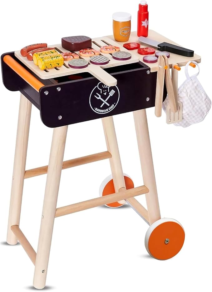 MerryPony Wooden Play Barbecue Toy Grill, Kids BBQ Grill Playset with Play Food and Grilling Tools, Kids Cooking Sets, Outdoor Play Kitchen Set, Pretend Play Kitchen Accessories Toddlers Age 3+