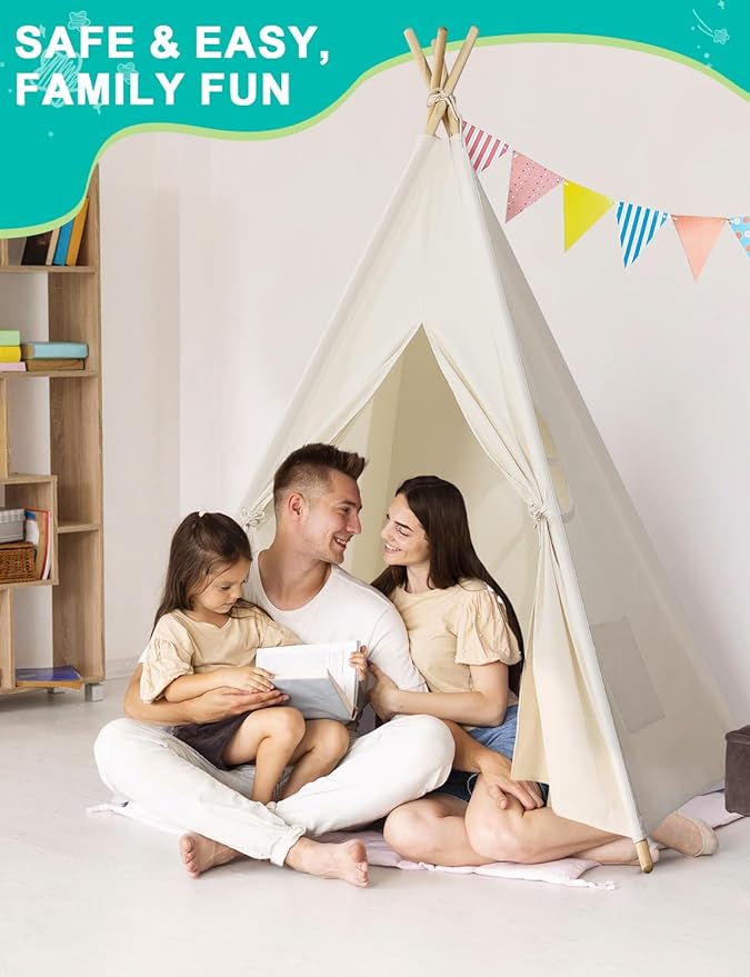 Sumbababy Teepee Tent for Kids Indoor - Natural Canvas Kids Play Tent - Washable Tipi Sleepover Tents with Lights & Carry Bag, Outdoor Toddler Tents for Girls & Boys - Foldable Playroom Gift Toys