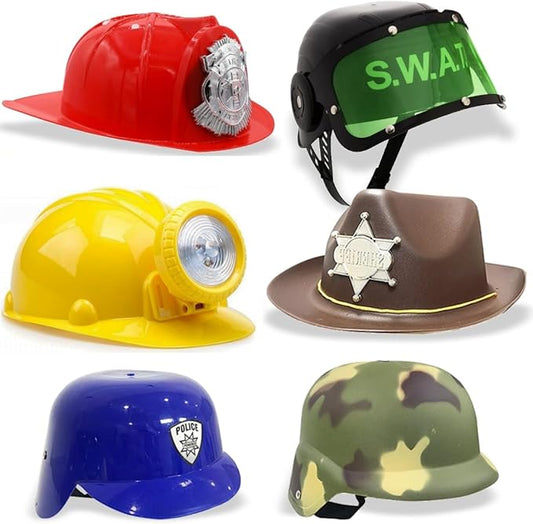 Liberty Imports 6 PACK - Dress Up Pretend Career Role Play Hard Hats & Helmets for Little Kids - Halloween Costume Role Play Toddler Dressup Set (Police, Fireman, Construction, SWAT, Cowboy, Army)