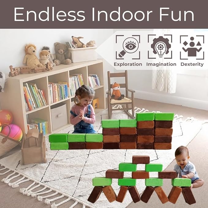 Wonder Space Plush Foam Blocks - Nursery Building & Stacking Toys for Toddlers Boys & Girls, Soft Smooth Velvet Cover, Early Education Gross Motor Skills & Brain Development (24 Bricks, Earth)