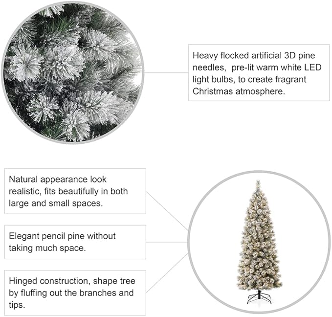 Glitzhome 7.5ft Prelit Christmas Tree, Artificial Christmas Tree with 350 Warm White Lights, Flocked Pencil Christmas Tree and Foldable Metal Stand for Home, Office, Party Decoration, Easy Assembly