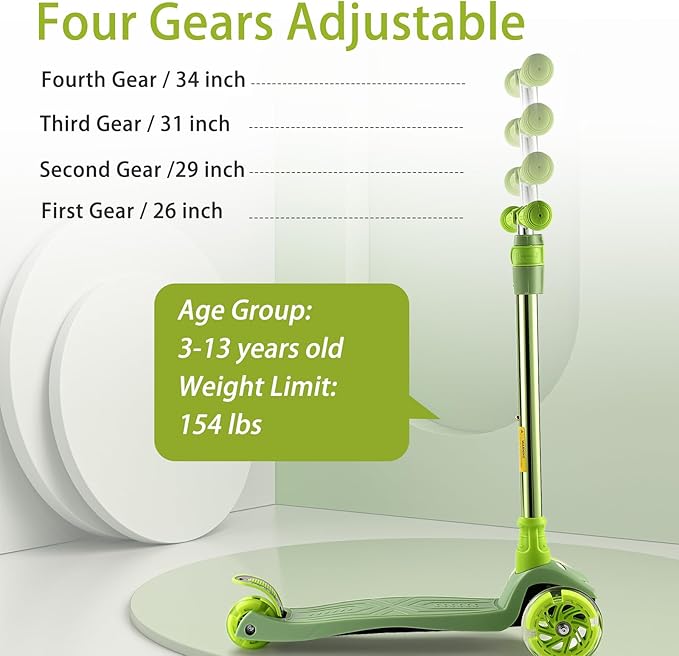 3 Wheel Scooter for Kids Ages 6-12,Kids Scooter with Light Up Wheels, Sturdy Deck Design, and 4 Height Adjustable Suitable for Kids Ages 3-12