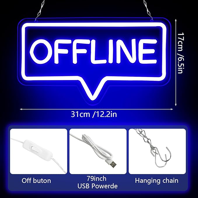 "Offline" LED Neon Sign - Blue USB-Powered Wall Art Light for Gaming Room/Man Cave/Bedroom, Plug Play Atmosphere Lamp