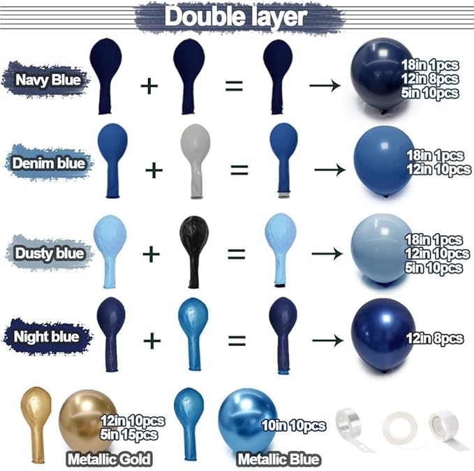 Navy Blue Gold Balloon Arch Kit - Double Stuffed Royal Dusty Blue Gold Balloon Garland Latex Pastel Dark Different Sizes for Graduation Birthday Baby Shower Anniversary Wedding Decor