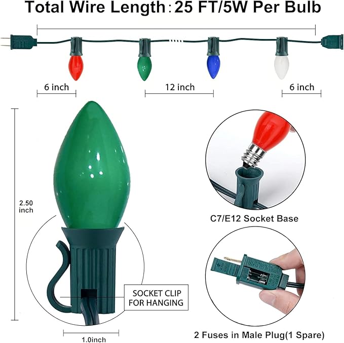 C7 Incandescent Christmas Lights Outdoor, 25Ft Outdoor Christmas Decorations String Lights with 27 Multicolor Ceramic Bulbs, Vintage Christmas Lights for Roofline Patio Xmas Tree Party Garden Backyard