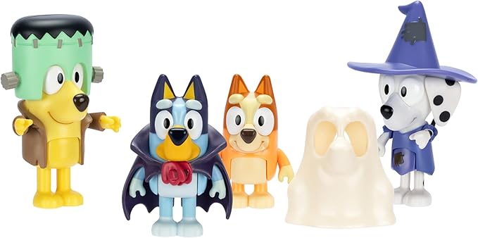 Bluey Halloween Figure 4-Pack - 2.5" Poseable Figures of Bluey, Bingo, Chloe & Lucky in Costumes With Accessories - Kids Can Recreate Favorite Moments From TV Show