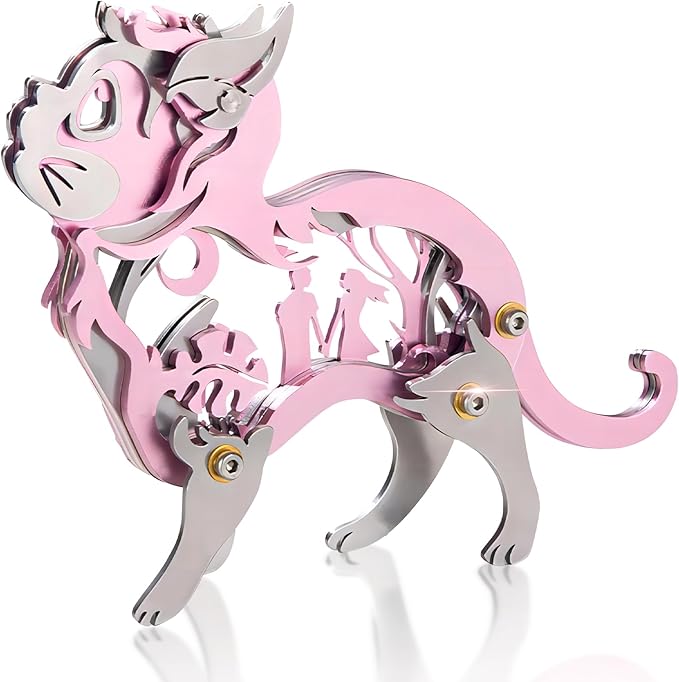 3D Metal Puzzles for Adults, Mechanical Metal Model Kits for Adults, Dream Cat Steel 3D Puzzle Stainless Steel Ornaments for Men Women Art Craft Gifts Toys(Pink).