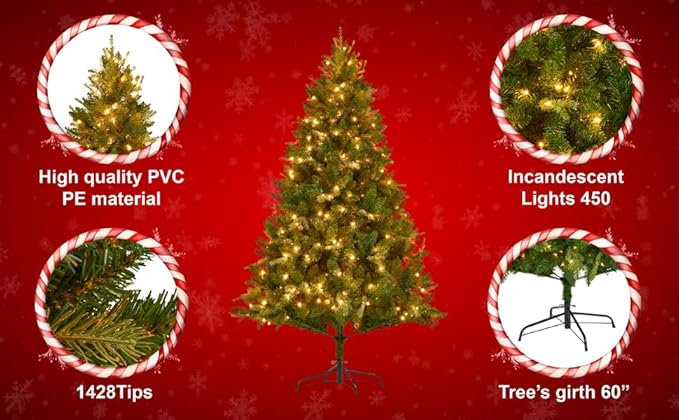 Eclolumi6.5 FT Christmas Trees with Lights, Pre-Lit Green Artificial Hinged Spruce Christmas Tree with 1428 Tips, 450 LED for Home, Party Decoration (Green 6.5FT)