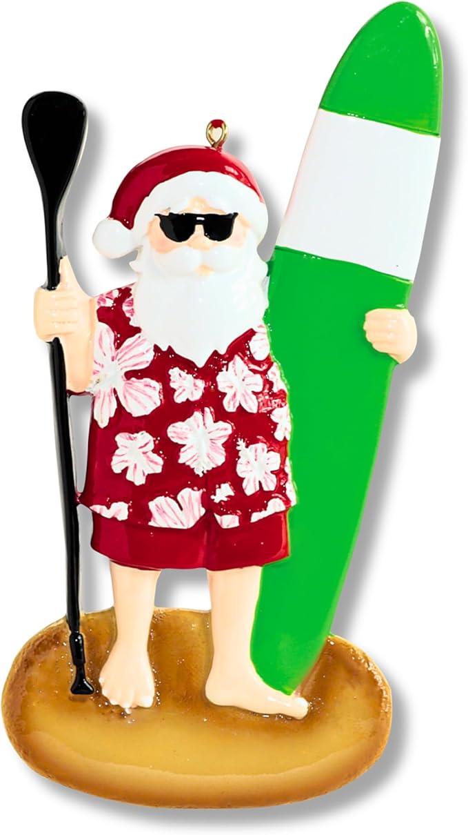 Ornaments by Elves - Personalized Paddleboard Santa Christmas Ornaments - Beach Christmas Decorations Paddle Board Surfer Santa Claus Unique Gifts for Surfers in a Giftable Packaging