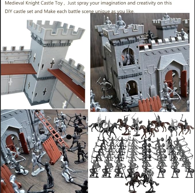 Medieval Castle Knight Toy Soldier Army Figurines, DIY Assembled Cavalry, Arrow Tower,8 Knights and 8 Horse, 36 Soldiers, Simulated Siege War of Attack Castle Toy for Boys