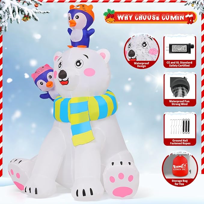 COMIN 6 FT Christmas Decorations Outdoor Inflatables Bear&Penguin Blow ups with Built-in LEDs for Yard Party Lawn Decor