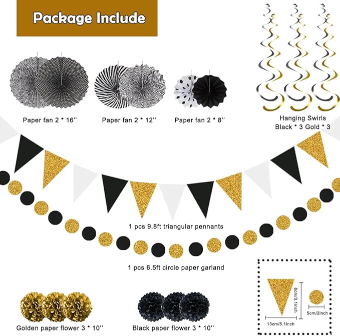 Myafqsj Black and Gold Party Decorations 20Pcs Black and Gold Birthday Decorations Whit Pom Poms Hanging Paper Fans, Hanging Swirls, Pennant, Garland String for Birthday Wedding Party Decorations