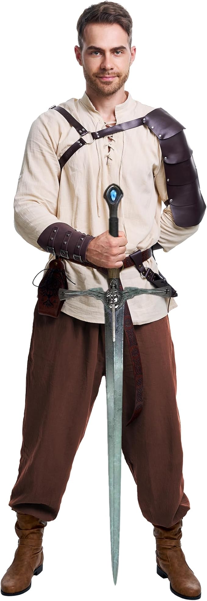 8 Pcs Men's Renaissance Costume Halloween Medieval Pirate Shirt Pant Viking Costume Accessories Set