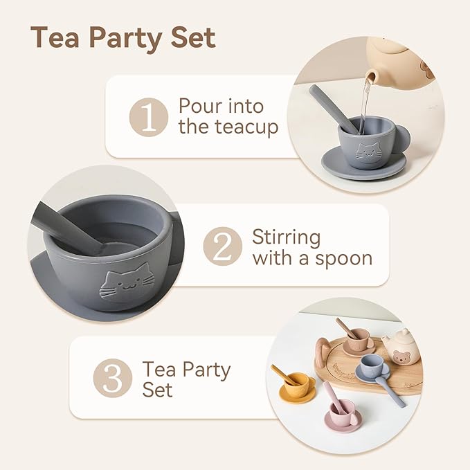 Tea Party Set for Little Girls 1-3 Kids Tea Set 14 Pcs with Silicone Teapot Cups Coasters Carrying Scoop, Kitchen Accessories Pretend Play for Girls Boys Age 3 4 5