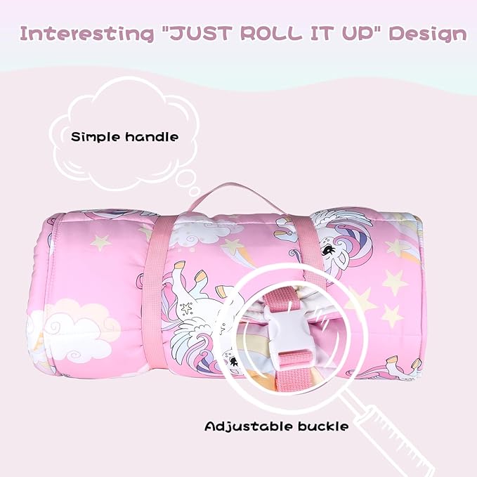 Toddlers Nap Mat with Removable Pillow and Soft Blanket, Lightweight Daycare Preschool Kindergarten Sleeping Bag, Travel Slumber for Kids Girls Boys