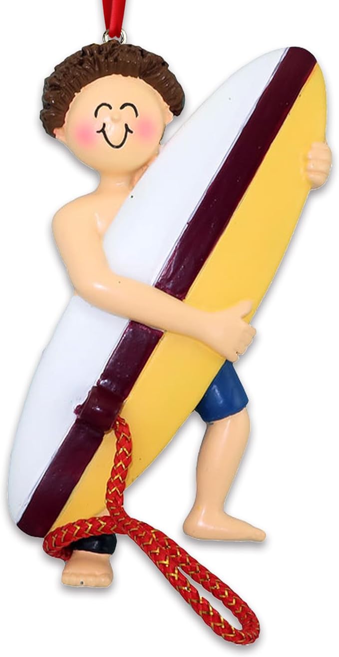 Personalized Surfboard Ornaments 2025 - Brunette Boy Surfer Ornaments for Christmas Tree Beach Surfboard Decor Surfing Ornament Gifts for Surfers Beachy Christmas by Elves