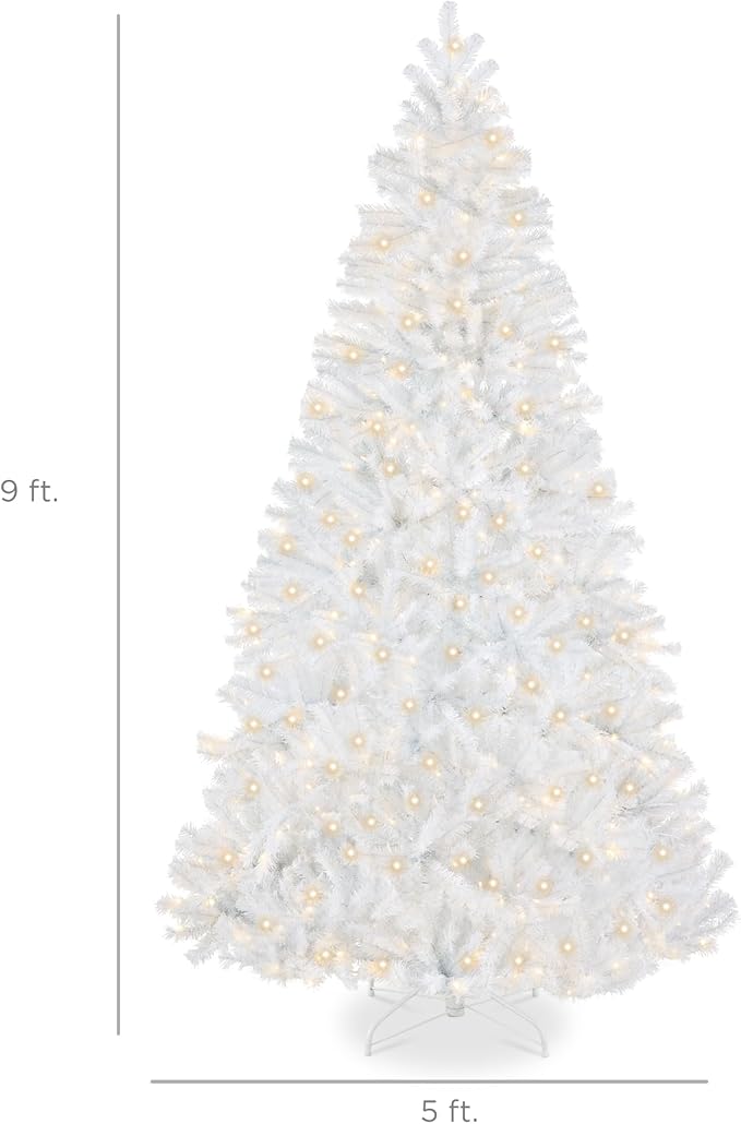 Best Choice Products Artificial Christmas Tree, 9ft Premium Pre-Lit Realistic Spruce Holiday Décor w/Dense Branches, Metal Base - White Spruce