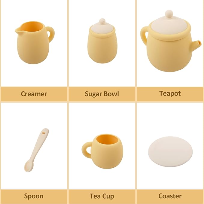 MCGMITT Toy Tea Set, Silicone Tea Party Set for Little Girls Boys, 15 Pcs BPA Free Dishwasher Safe Pretend Tea Set for Toddlers Kids Age 3-6, Non Breakable Cute Toy Kitchen Accessories for Children