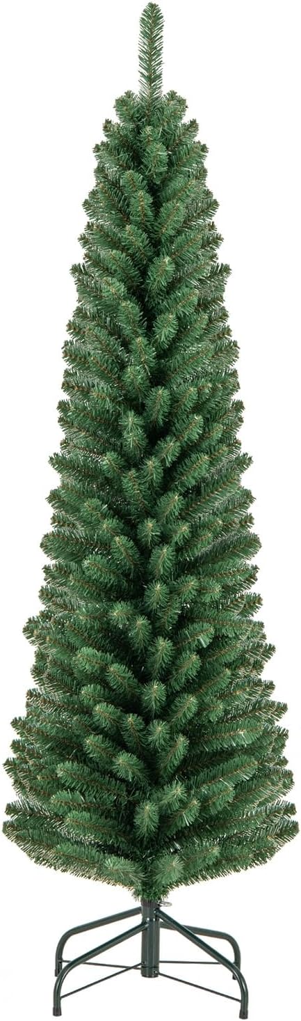 GOFLAME 5FT Pencil Christmas Tree, Slim Artificial Xmas Tree with 295 Memory Wire Branch Tips & Upgraded Metal Stand, Seasonal Holiday Decoration Tree for Home Office Party