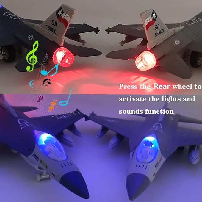 Ailejia Diecast F 16 Fighting Falcon Airplane Model Aircraft Army Air Force Toys Military Plane Pull Back with Lights and Sounds (F 16 Grey)
