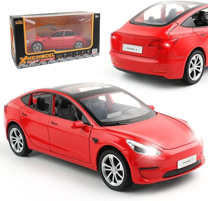 Zinc Alloy Model 3 Car, 1:24 Scale Simulation Casting Diecast Toy Car with Lights and Music for Toddlers & Kids (Red)