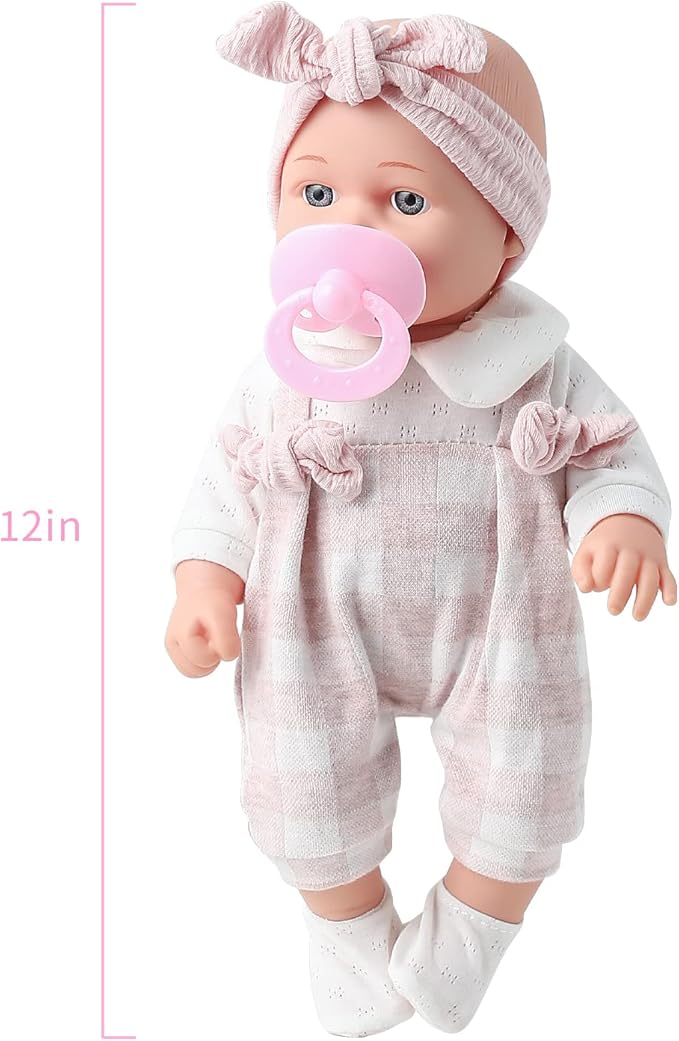 12'' Baby Doll in Gift Box with Pink Cloths, Pacifier, 13''x13'' Microfabric Blanket, and Feeding Bottle. Gift Idea for Ages 3+
