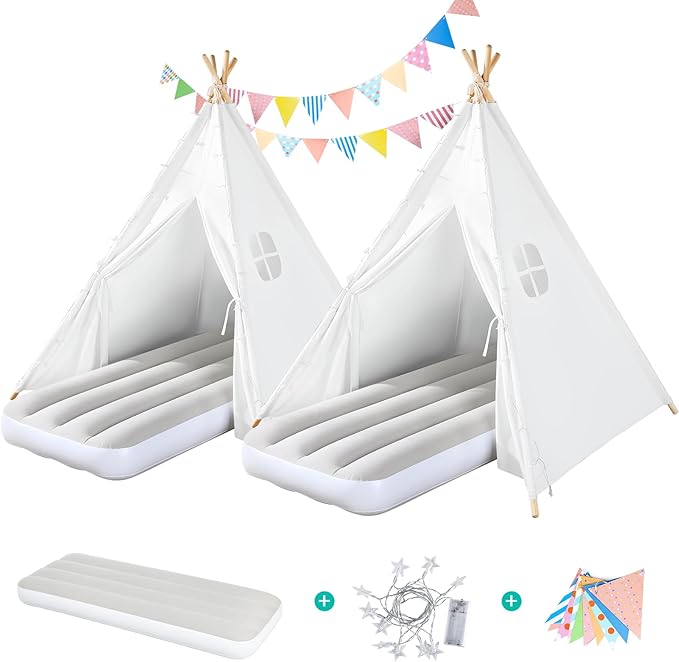 2 Pack Teepee Tent for Kids with Inflatable Airbed, Light, Indoor Toddler Sleepover Tents Children Room Tents for Slumber Party, Outdoor Kids Play Tent Play House for Girls & Boys