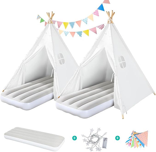 2 Pack Teepee Tent for Kids with Inflatable Airbed, Light, Indoor Toddler Sleepover Tents Children Room Tents for Slumber Party, Outdoor Kids Play Tent Play House for Girls & Boys