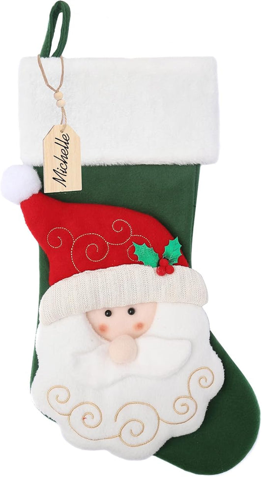Christmas Stocking,21 inch Christmas Stockings with Wood Name Tag,3D Santa Christmas Stocking,for Family Holidays and Christmas Tree Fireplace Decoration(Green)