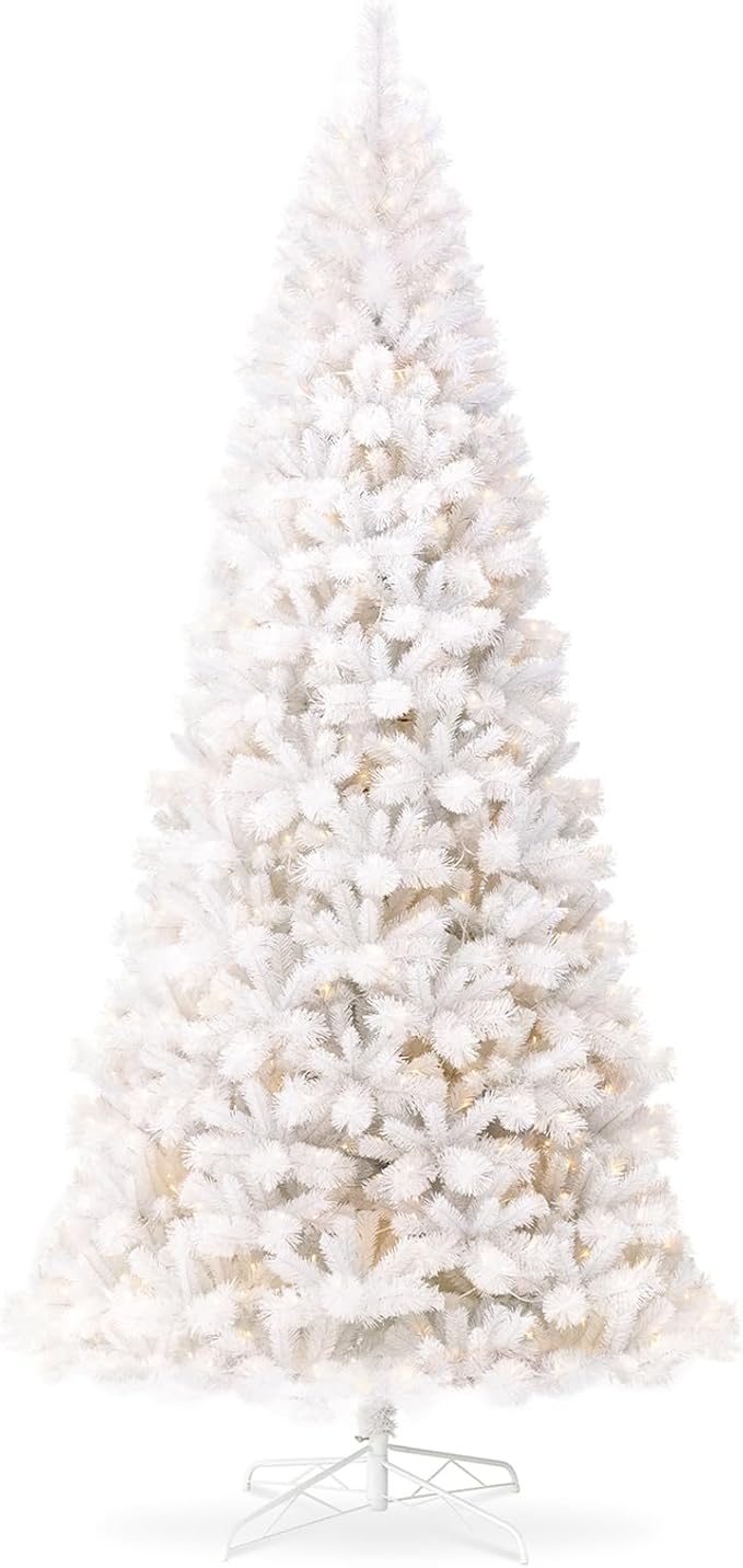 Glitzhome 10ft Pre-Lit Slim Artificial Christmas Tree, Aspen Frostfall Pine Hinged Holiday Xmas Tree with Foldable Metal Stand, 800 Warm White Lights, Ideal for Home, Office, Party Decoration